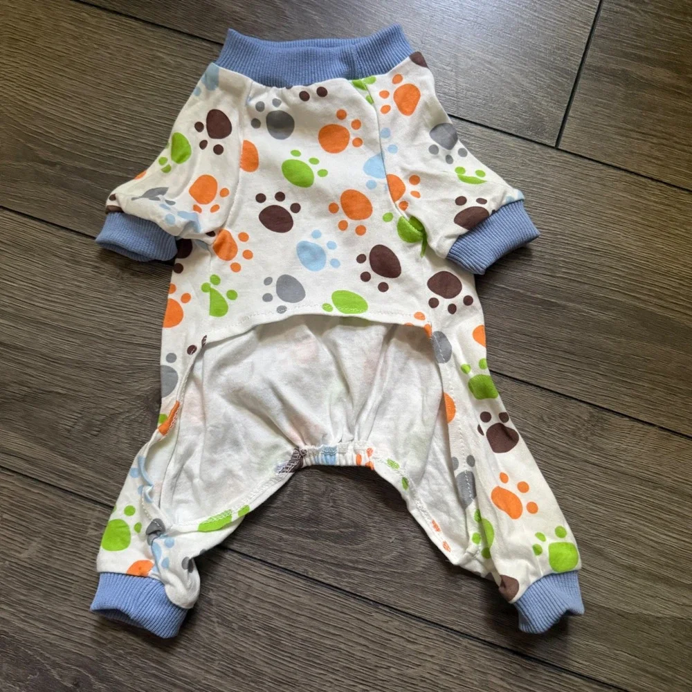 Small Dog Pajamas Paw Print Sleepwear White Blue Orange Green S